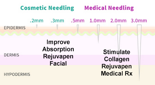 .2-.3mm Needling improve absorption of products and stimulates epidermal turnover, deeper 1-1.5mm Needling stimulates Collagen and Elastin Production.